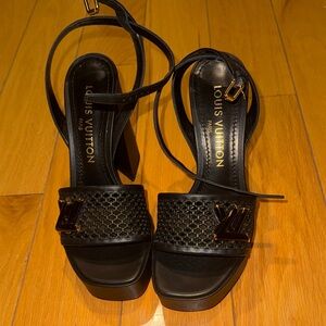 Louis Vuitton Black Heeled Sandals with Gold Accents